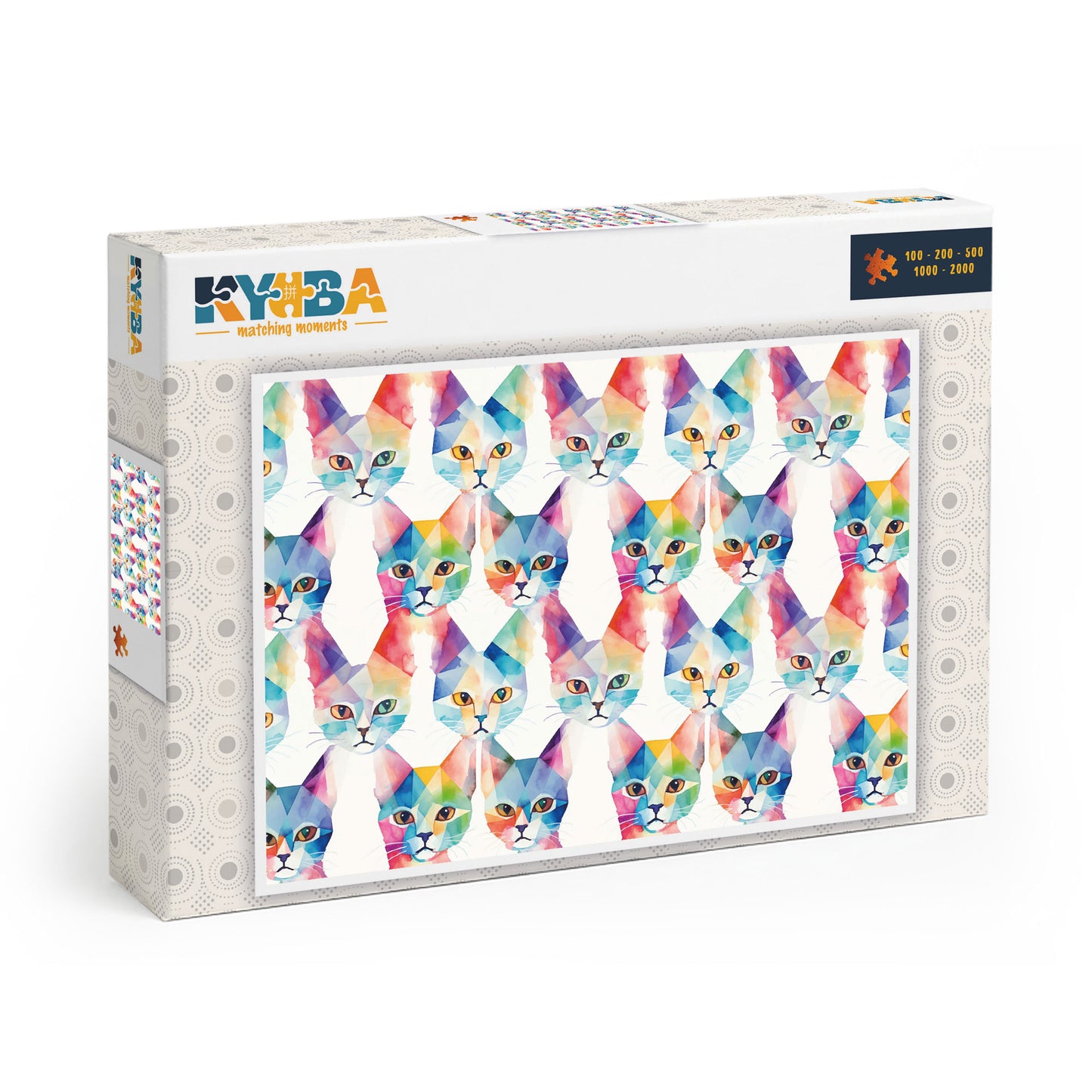 Die minimalistische, cleane Produktverpackung des KYUBA Premium-Puzzle 'Geometric Cats's.