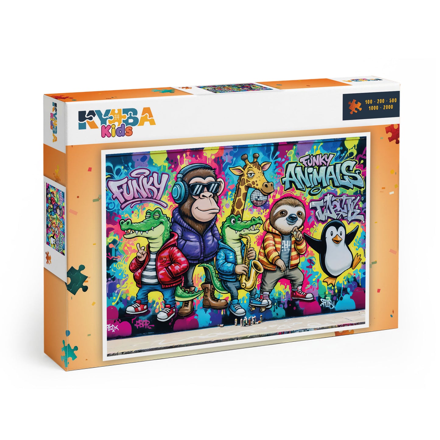 Die minimalistische, cleane Produktverpackung des KYUBA Premium-Puzzle 'Funky Animals Graffiti's.