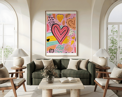 KYUBA Premium-Puzzle 'Heartbeat Pop' elegant gerahmt an einer stilvollen Wohnzimmerwand.