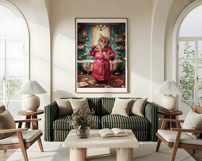KYUBA Premium-Puzzle 'Royal Catness' elegant gerahmt an einer stilvollen Wohnzimmerwand.