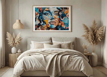 KYUBA Premium-Puzzle 'Art Lady' als harmonisches Wandbild in einem gemütlichen Boho-Schlafzimmer.