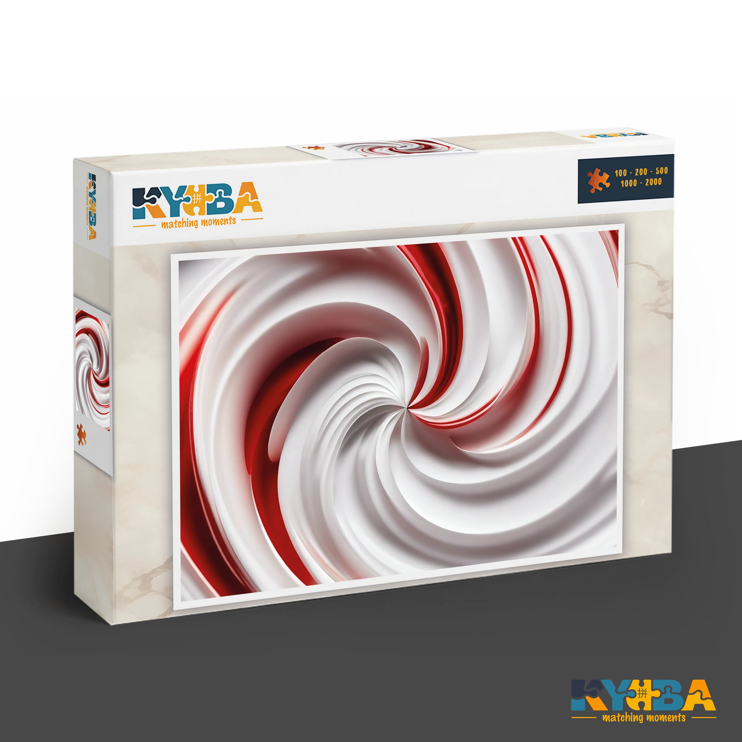 KYUBA Premium-Puzzle 'Red Swirl' in seiner edlen Design-Produktbox.