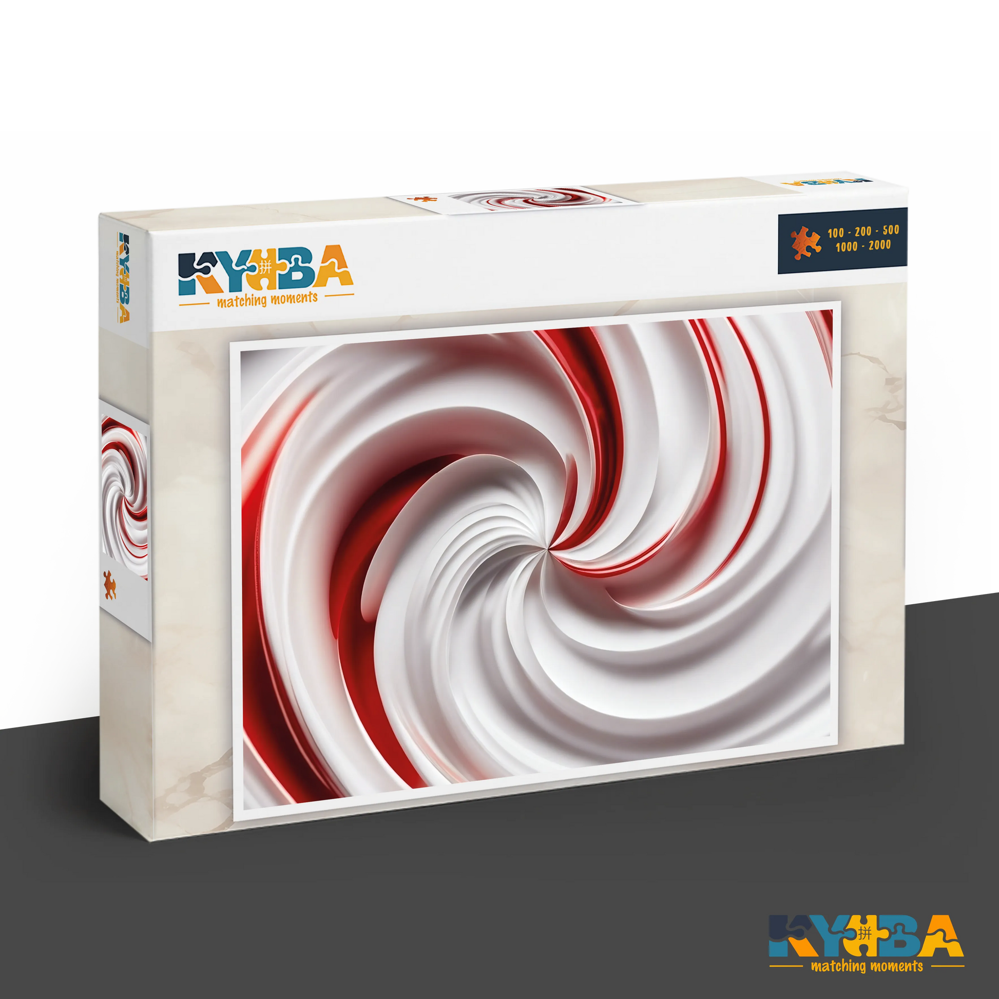 KYUBA Premium-Puzzle 'Red Swirl' in seiner edlen Design-Produktbox.