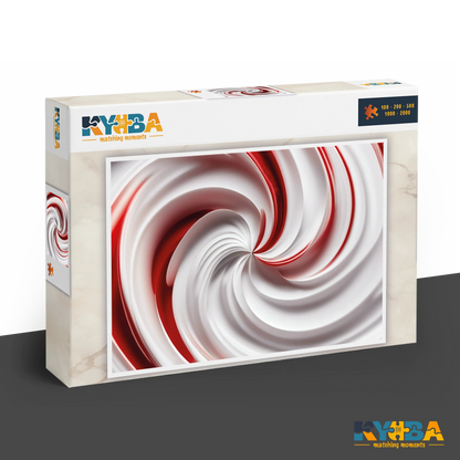KYUBA Premium-Puzzle 'Red Swirl' in seiner edlen Design-Produktbox.