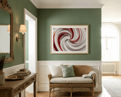 KYUBA Premium-Puzzle 'Red Swirl' elegant gerahmt an einer stilvollen Wohnzimmerwand.