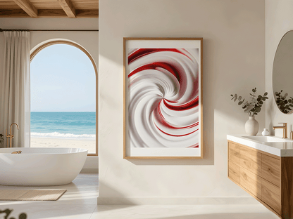 KYUBA Premium-Puzzle 'Red Swirl' als stilvolle Wanddekoration in einem modern eingerichteten Badezimmer.