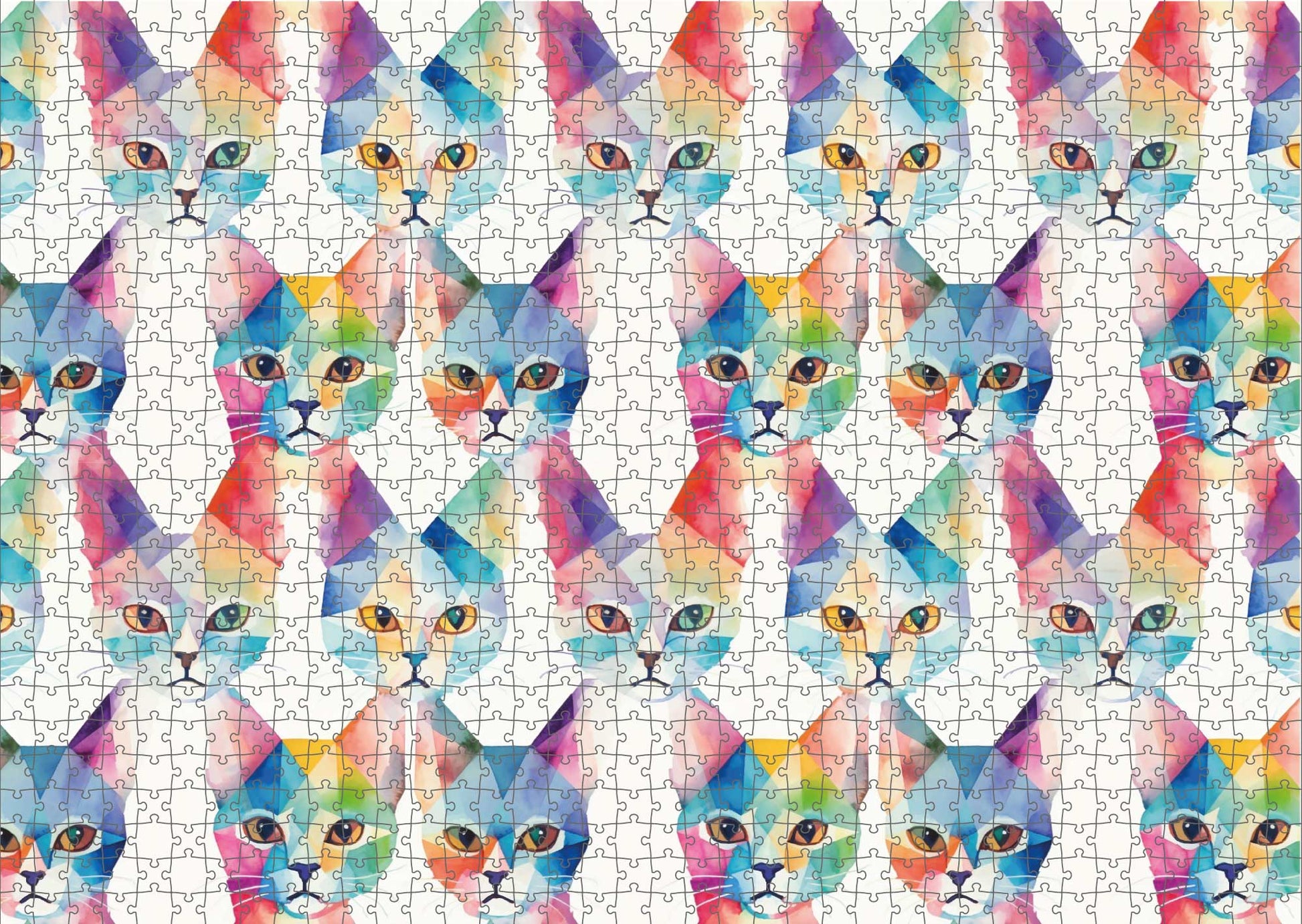 Das fertig gelegte KYUBA Premium-Puzzle 'Geometric Cats' mit perfekt passenden Puzzleteilen.