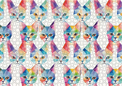Das fertig gelegte KYUBA Premium-Puzzle 'Geometric Cats' mit perfekt passenden Puzzleteilen.