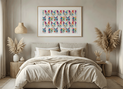 KYUBA Premium-Puzzle 'Geometric Cats' als harmonisches Wandbild in einem gemütlichen Boho-Schlafzimmer.