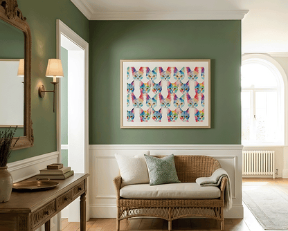 KYUBA Premium-Puzzle 'Geometric Cats' elegant gerahmt an einer stilvollen Wohnzimmerwand.