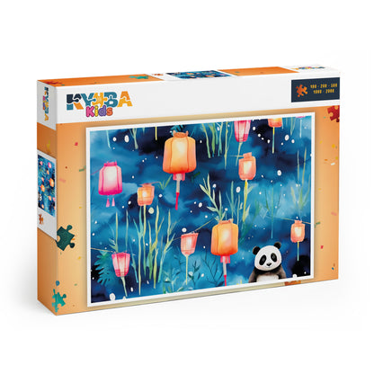 Die minimalistische, cleane Produktverpackung des KYUBA Premium-Puzzle 'Panda’s Lantern Night's.