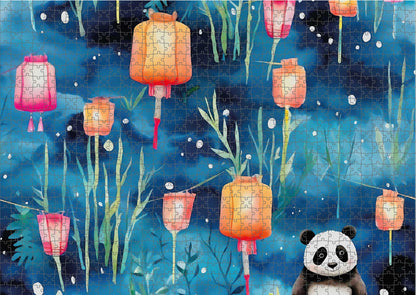 Das fertig gelegte KYUBA Premium-Puzzle 'Panda’s Lantern Night' mit perfekt passenden Puzzleteilen.
