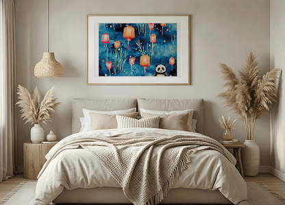 KYUBA Premium-Puzzle 'Panda’s Lantern Night' als harmonisches Wandbild in einem gemütlichen Boho-Schlafzimmer.
