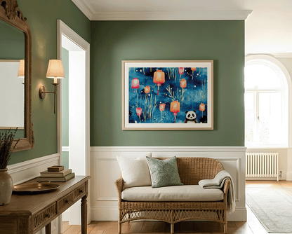KYUBA Premium-Puzzle 'Panda’s Lantern Night' elegant gerahmt an einer stilvollen Wohnzimmerwand.