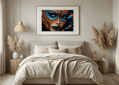 KYUBA Premium-Puzzle 'Jeweled Butterfly' als harmonisches Wandbild in einem gemütlichen Boho-Schlafzimmer.