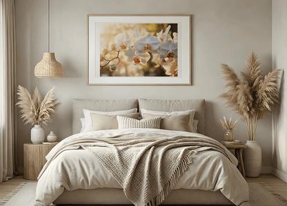 KYUBA Premium-Puzzle 'Zen Orchids' als harmonisches Wandbild in einem gemütlichen Boho-Schlafzimmer.
