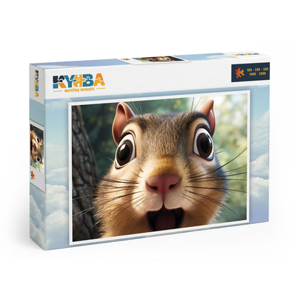 Die minimalistische, cleane Produktverpackung des KYUBA Premium-Puzzle 'Cheeky Squirrel's.