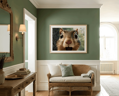 KYUBA Premium-Puzzle 'Cheeky Squirrel' elegant gerahmt an einer stilvollen Wohnzimmerwand.