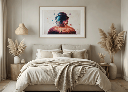 KYUBA Premium-Puzzle 'Stellar Experience' als harmonisches Wandbild in einem gemütlichen Boho-Schlafzimmer.