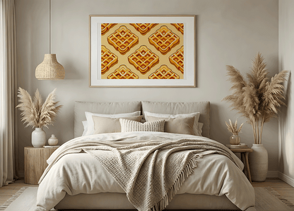 KYUBA Premium-Puzzle 'Golden Grid' als harmonisches Wandbild in einem gemütlichen Boho-Schlafzimmer.