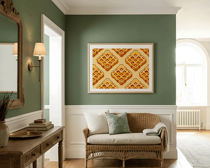 KYUBA Premium-Puzzle 'Golden Grid' elegant gerahmt an einer stilvollen Wohnzimmerwand.