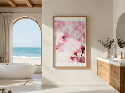 KYUBA Premium-Puzzle 'Cherry Bliss' als stilvolle Wanddekoration in einem modern eingerichteten Badezimmer.