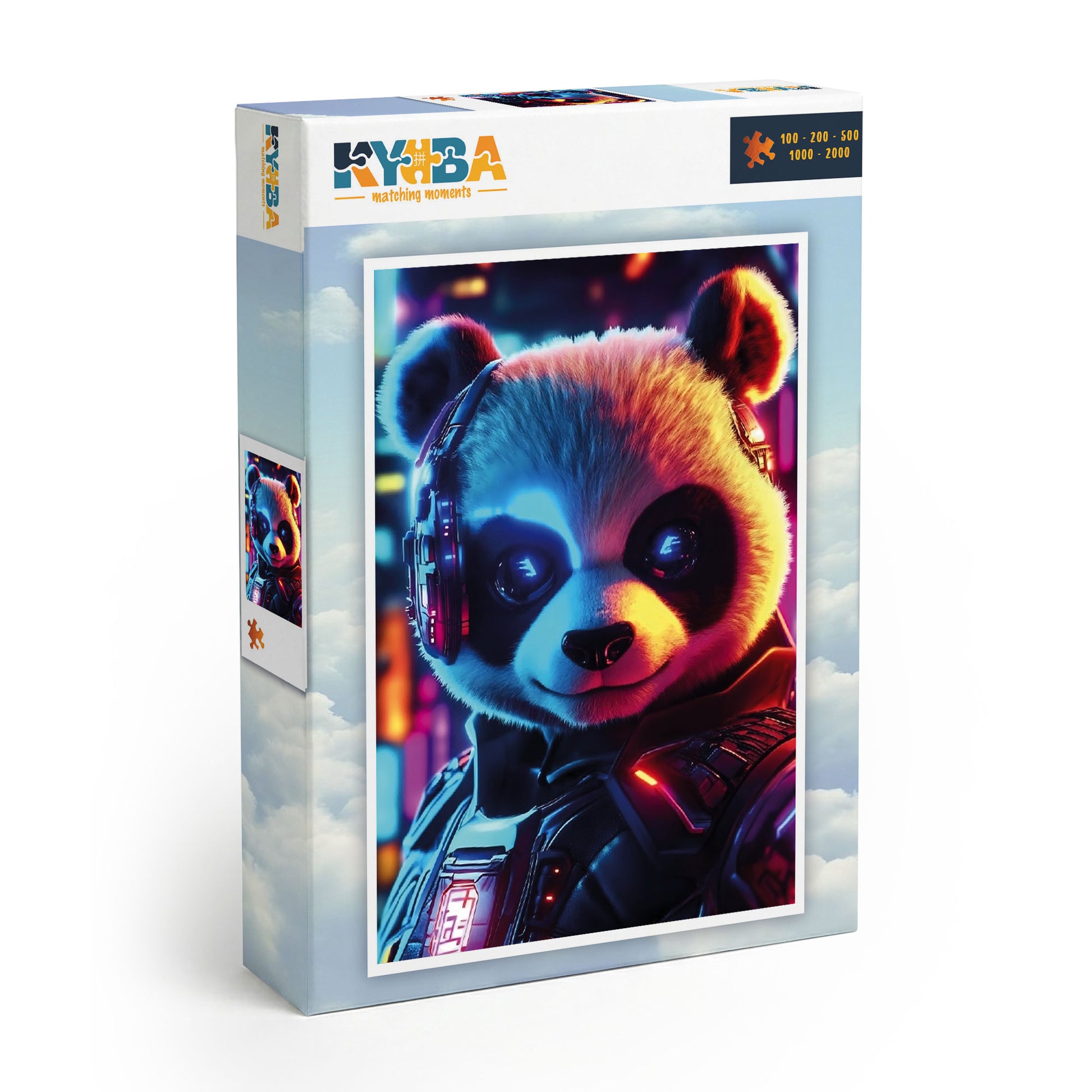 Die minimalistische, cleane Produktverpackung des KYUBA Premium-Puzzle 'Cyber Panda's.