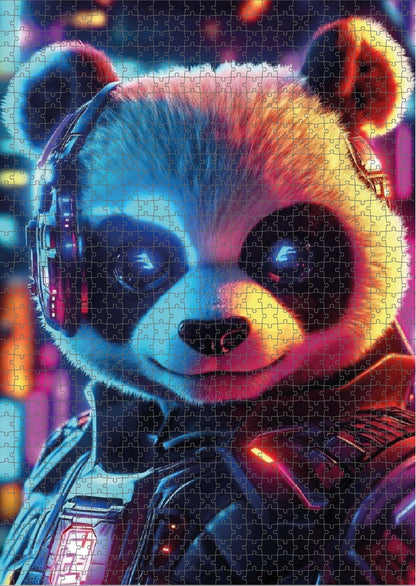 Das fertig gelegte KYUBA Premium-Puzzle 'Cyber Panda' mit perfekt passenden Puzzleteilen.