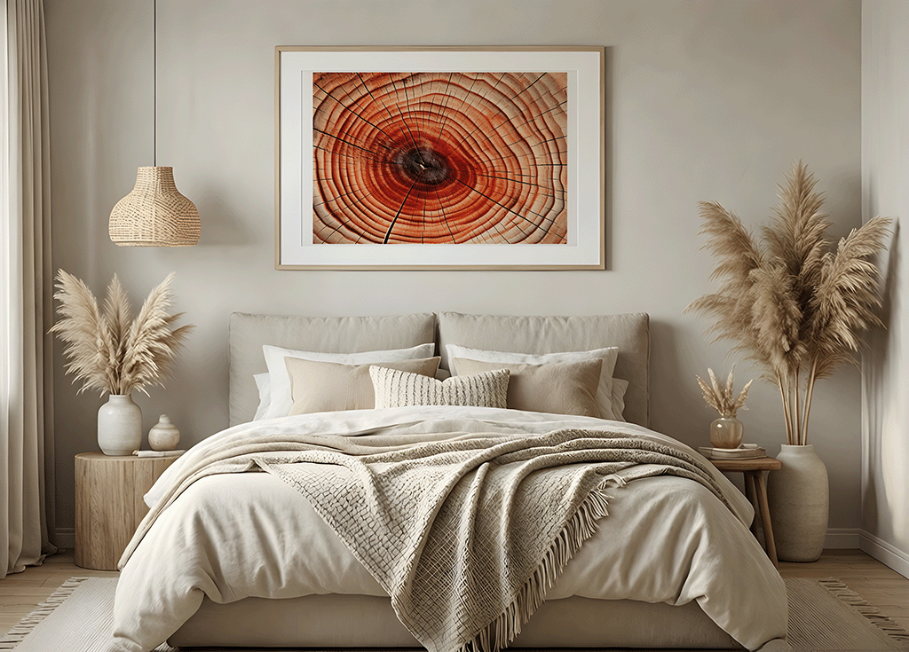 KYUBA Premium-Puzzle 'Eternal Circles' als harmonisches Wandbild in einem gemütlichen Boho-Schlafzimmer.