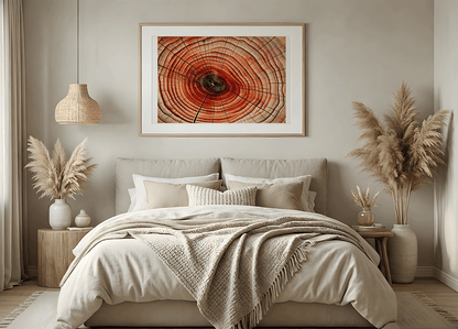 KYUBA Premium-Puzzle 'Eternal Circles' als harmonisches Wandbild in einem gemütlichen Boho-Schlafzimmer.