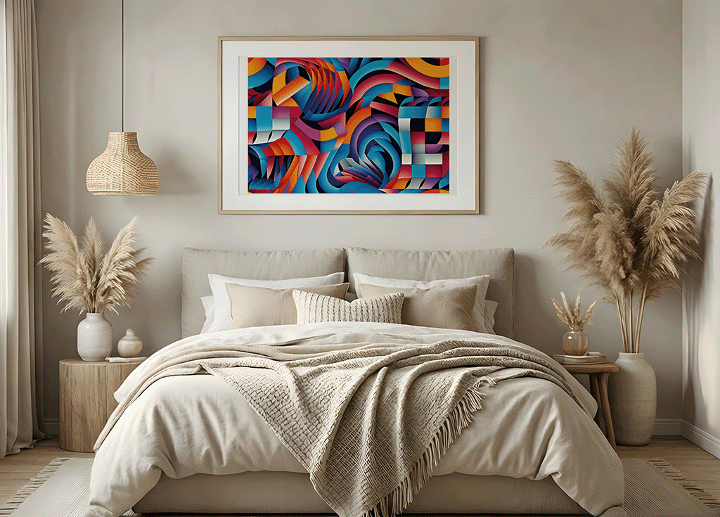 KYUBA Premium-Puzzle 'Vibrant Maze 1' als harmonisches Wandbild in einem gemütlichen Boho-Schlafzimmer.