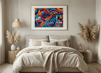 KYUBA Premium-Puzzle 'Vibrant Maze 1' als harmonisches Wandbild in einem gemütlichen Boho-Schlafzimmer.