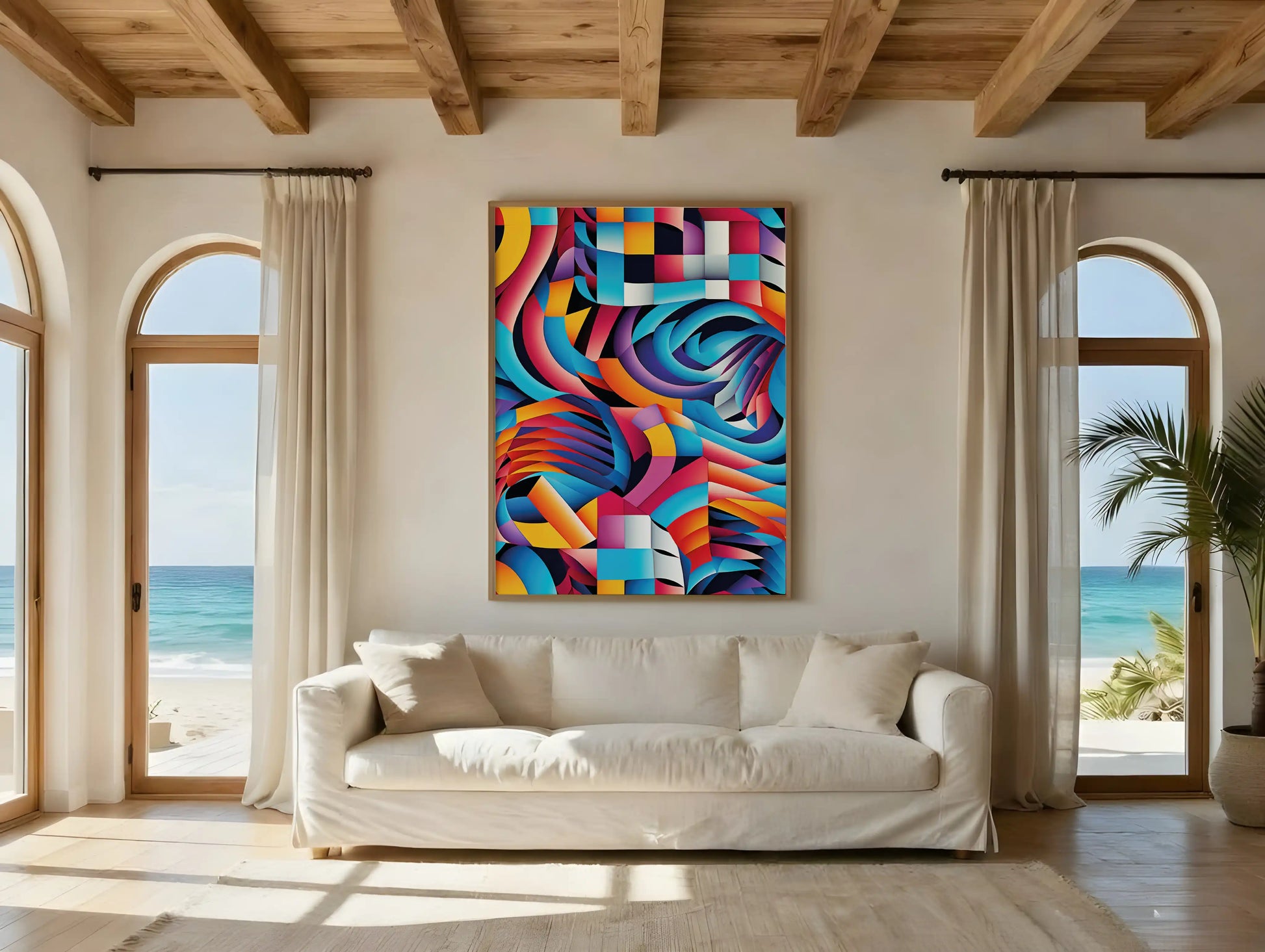KYUBA Premium-Puzzle 'Vibrant Maze 1' elegant gerahmt an einer stilvollen Wohnzimmerwand.