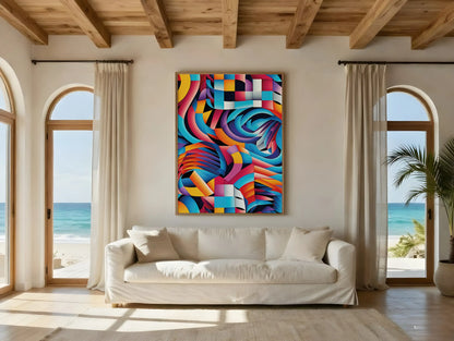 KYUBA Premium-Puzzle 'Vibrant Maze 1' elegant gerahmt an einer stilvollen Wohnzimmerwand.