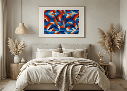 KYUBA Premium-Puzzle 'Vibrant Maze 2' als harmonisches Wandbild in einem gemütlichen Boho-Schlafzimmer.