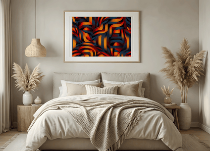 KYUBA Premium-Puzzle 'Vibrant Maze 3' als harmonisches Wandbild in einem gemütlichen Boho-Schlafzimmer.