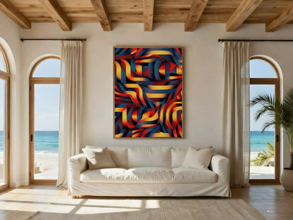 KYUBA Premium-Puzzle 'Vibrant Maze 3' elegant gerahmt an einer stilvollen Wohnzimmerwand.