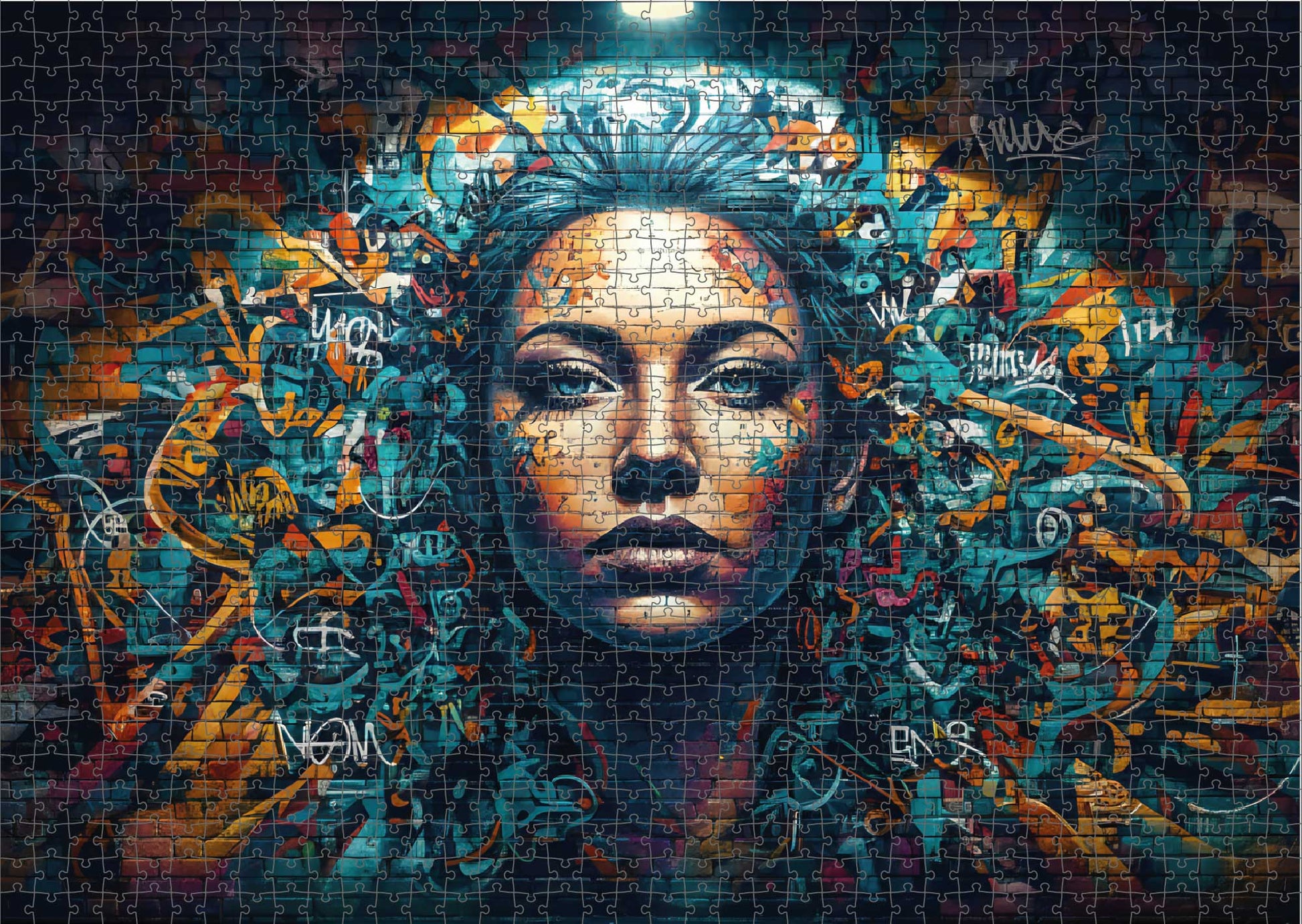 Das fertig gelegte KYUBA Premium-Puzzle 'Art Lady Wall' mit perfekt passenden Puzzleteilen.