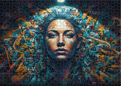 Das fertig gelegte KYUBA Premium-Puzzle 'Art Lady Wall' mit perfekt passenden Puzzleteilen.