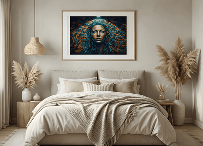 KYUBA Premium-Puzzle 'Art Lady Wall' als harmonisches Wandbild in einem gemütlichen Boho-Schlafzimmer.