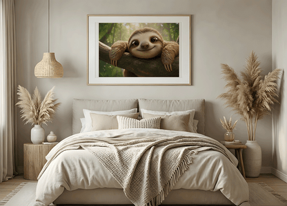 KYUBA Premium-Puzzle 'Happy Sloth' als harmonisches Wandbild in einem gemütlichen Boho-Schlafzimmer.
