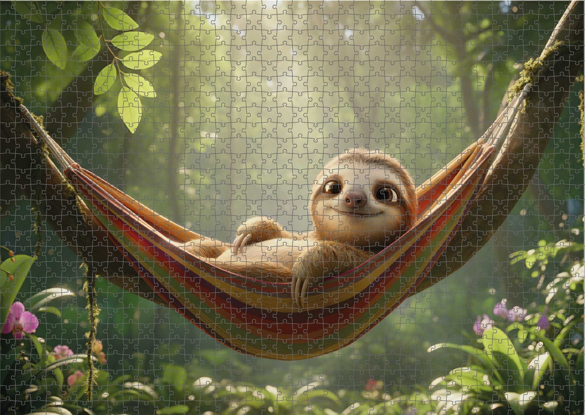 Das fertig gelegte KYUBA Premium-Puzzle 'Lazy Sloth' mit perfekt passenden Puzzleteilen.