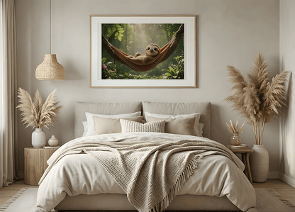 KYUBA Premium-Puzzle 'Lazy Sloth' als harmonisches Wandbild in einem gemütlichen Boho-Schlafzimmer.