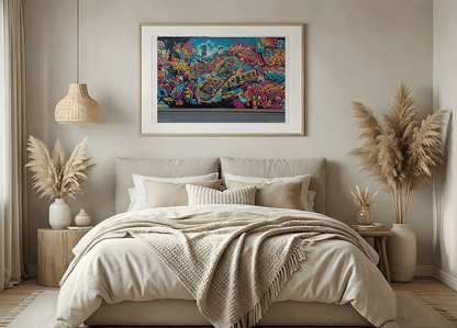 KYUBA Premium-Puzzle 'Skater Soul' als harmonisches Wandbild in einem gemütlichen Boho-Schlafzimmer.