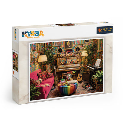 Die minimalistische, cleane Produktverpackung des KYUBA Premium-Puzzle 'Melody Mansion's.