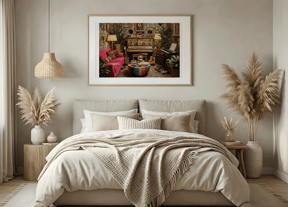 KYUBA Premium-Puzzle 'Melody Mansion' als harmonisches Wandbild in einem gemütlichen Boho-Schlafzimmer.