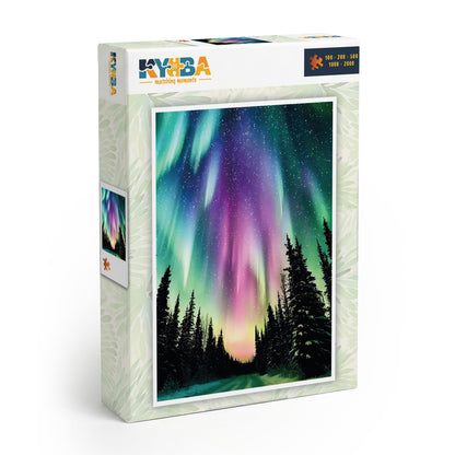 Die minimalistische, cleane Produktverpackung des KYUBA Premium-Puzzle 'Celestial Dance's.