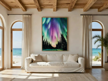KYUBA Premium-Puzzle 'Celestial Dance' elegant gerahmt an einer stilvollen Wohnzimmerwand.
