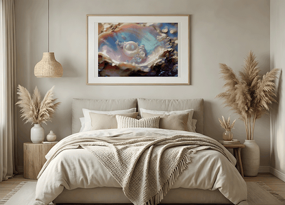 KYUBA Premium-Puzzle 'Oceans Treasure' als harmonisches Wandbild in einem gemütlichen Boho-Schlafzimmer.