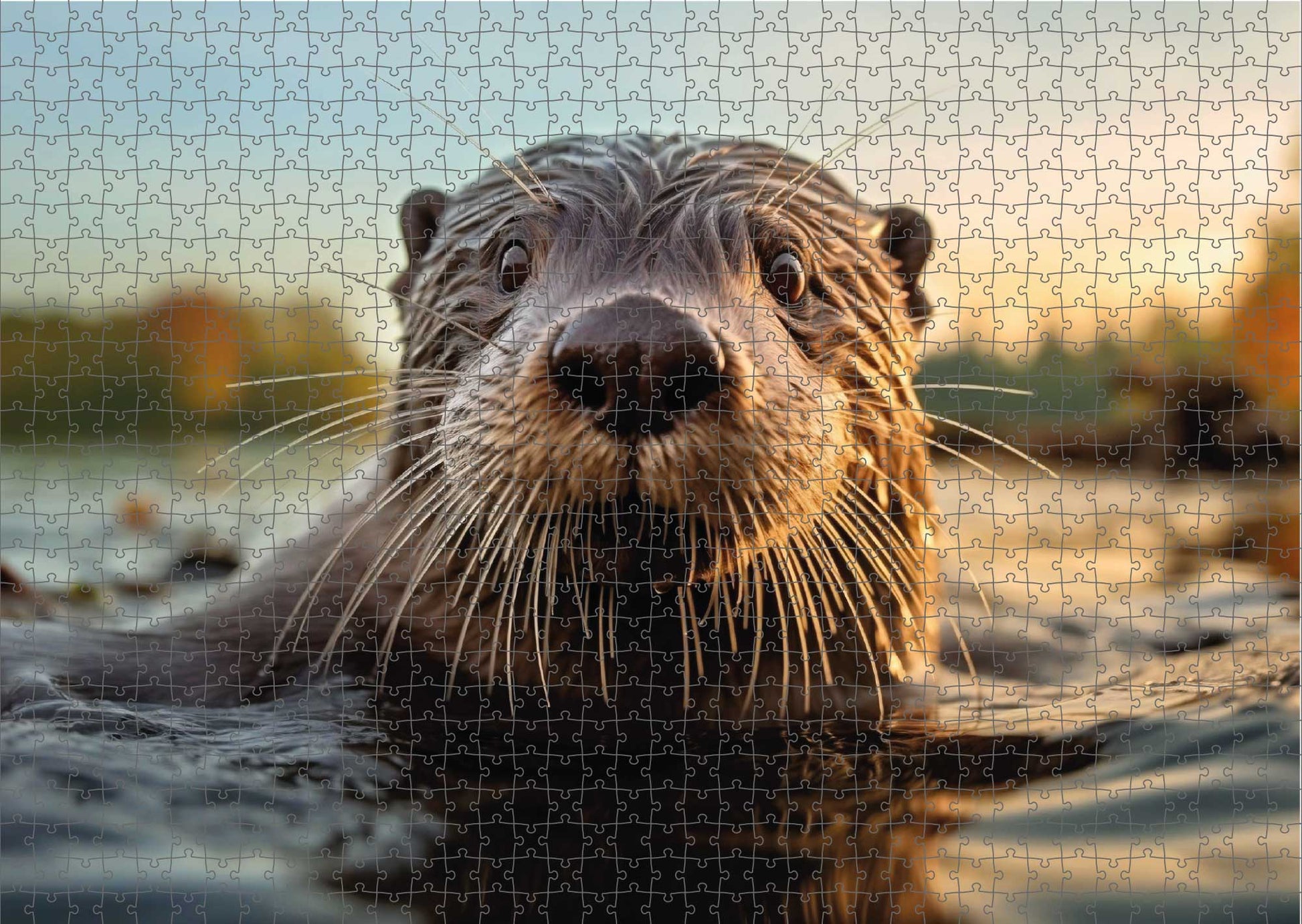 Das fertig gelegte KYUBA Premium-Puzzle 'Golden River Otter' mit perfekt passenden Puzzleteilen.
